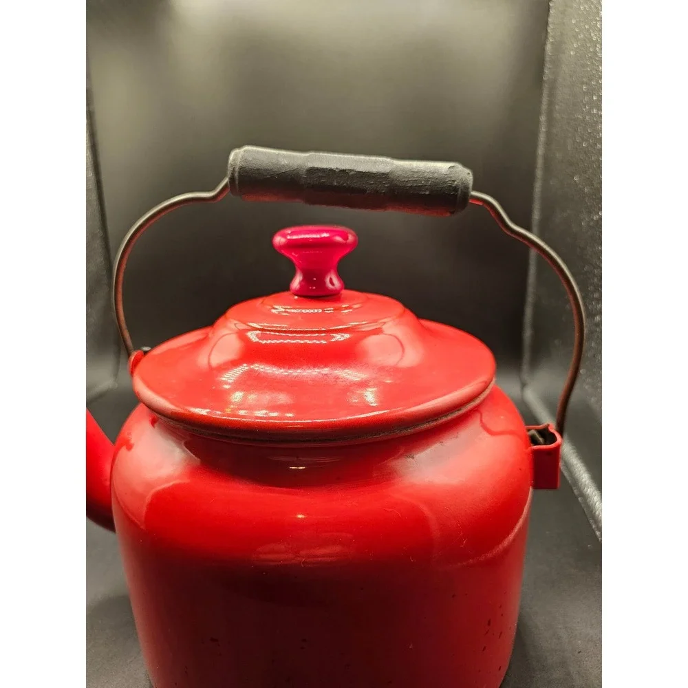 Vintage Red Enamel Tea Kettle Rustic Farmhouse Stovetop Decor Wood Handle XX